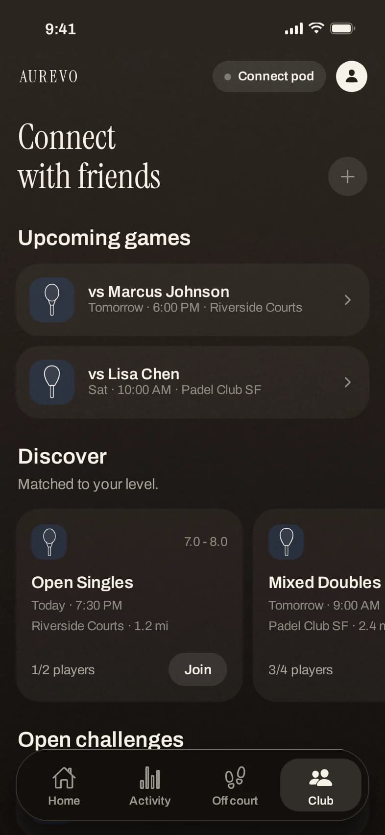 Aurevo club screen: upcoming games against friends and open games matched to your level