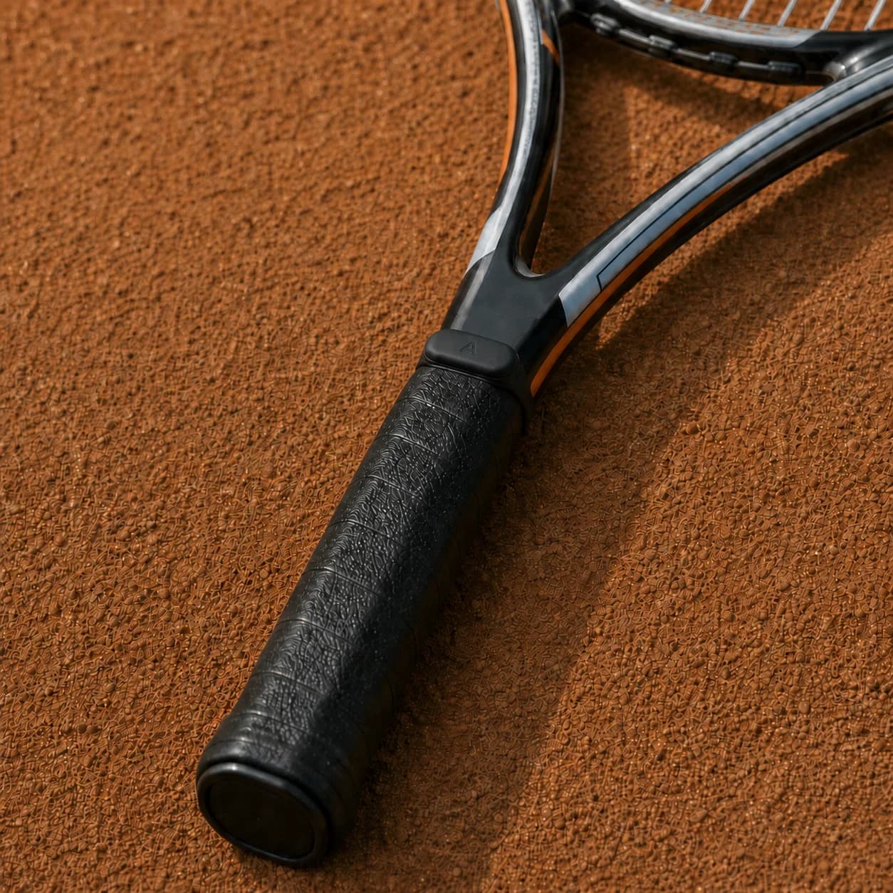Aurevo pod clipped to the handle of a tennis racket lying on a clay court